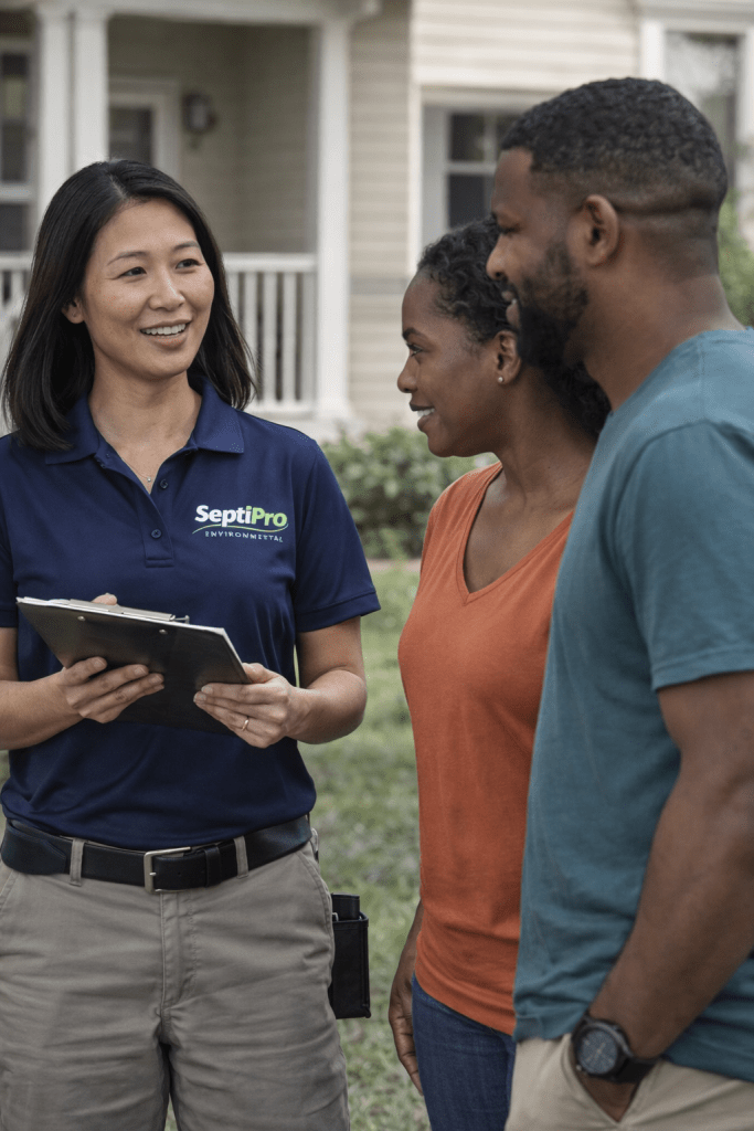 Professional inspector explaining septic report to homeowner