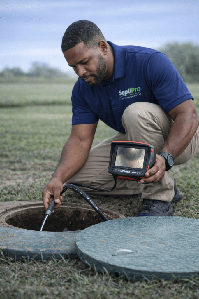 Septic technician using a digital camera for site documentation